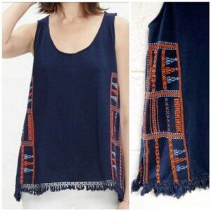 Madewell Embroidered Navy Orange Fringe Hem Tank Top S